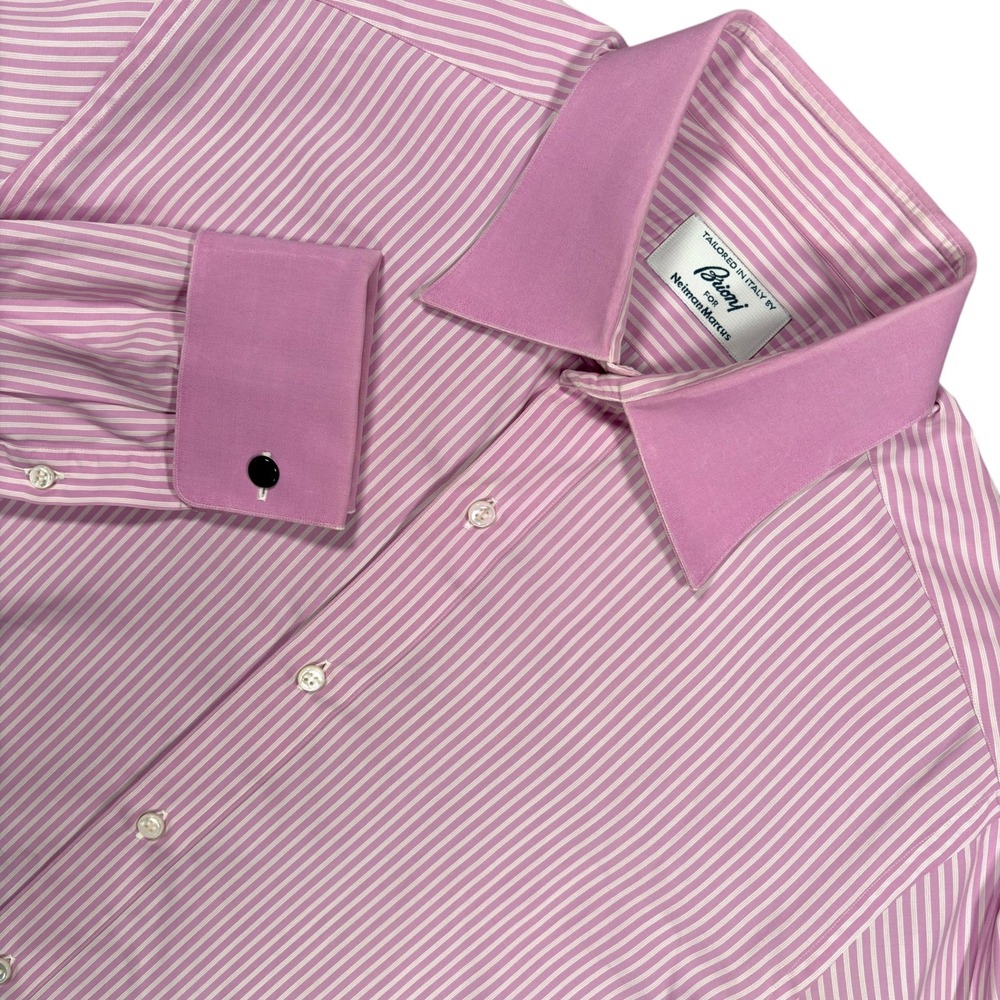 Brioni French Cuff Dress Shirt Mens 15.5 Pink White Striped Formal Made in Italy